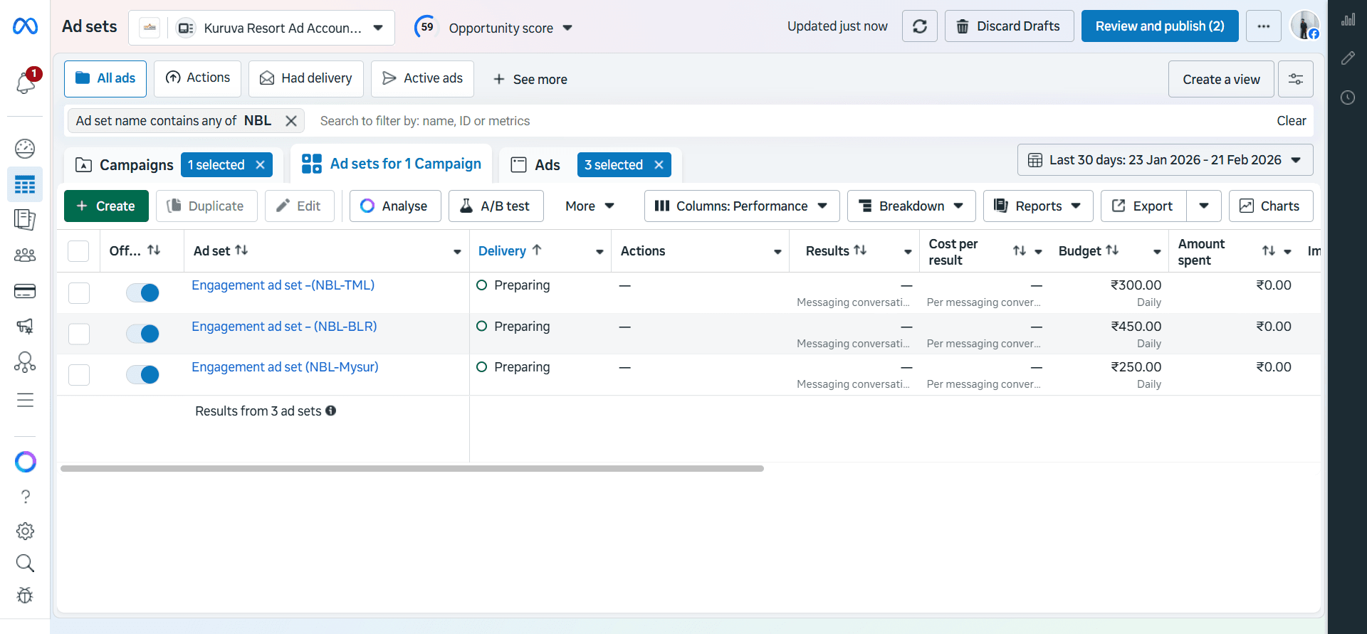 Meta ads campaign results showing optimized cost per lead and high conversion rate for local business