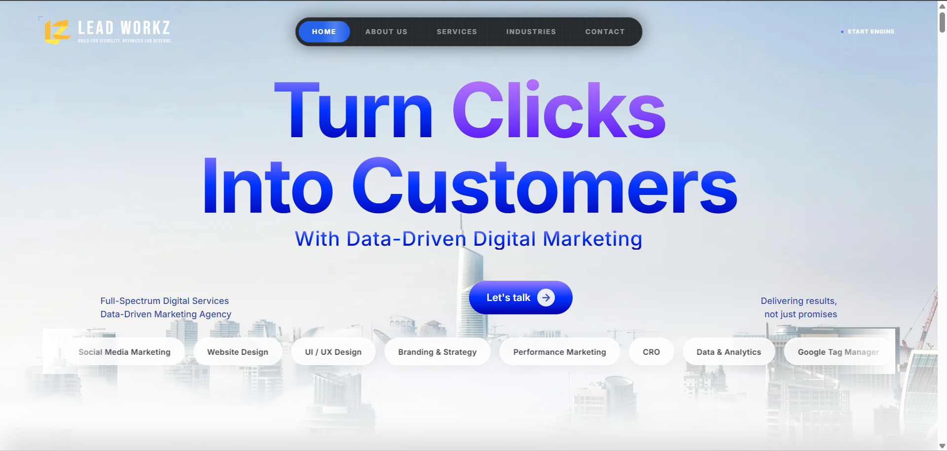 Premium custom website developed in Next.js for Leadworkz digital marketing agency