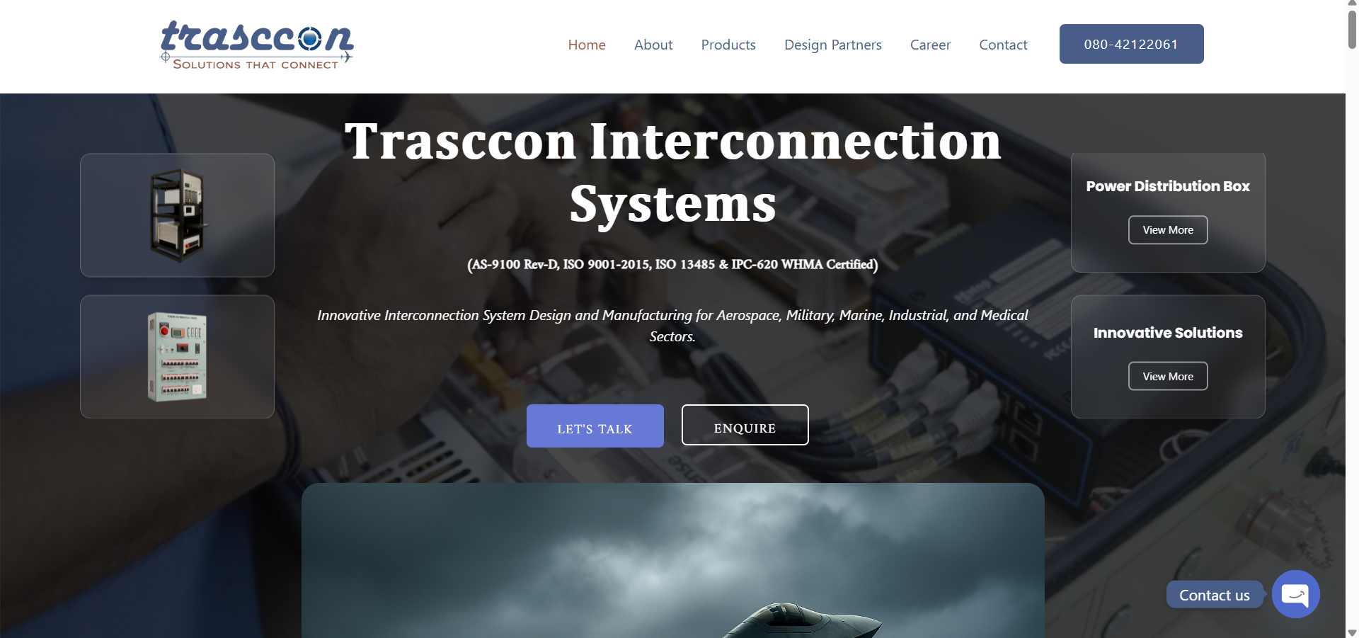High-trust defence manufacturing website developed by freelance web developer for Trasccon